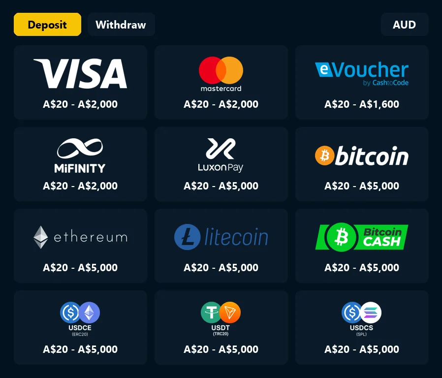 foxyflush-deposit-methods-in-aud-cards-mifinity-evoucher-luxonpay-and-crypto